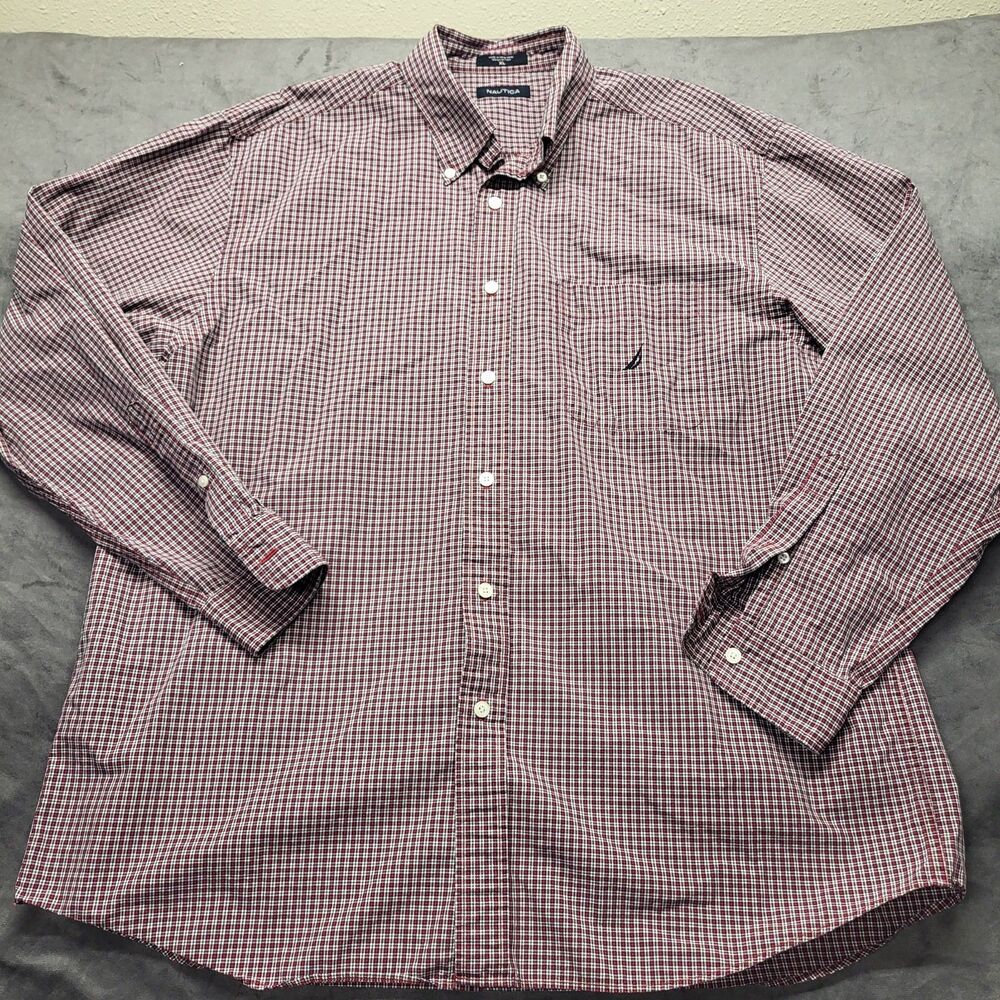 Men's Nautica Button Down Shirt Long Sleeve Red Check XL 100% Cotton